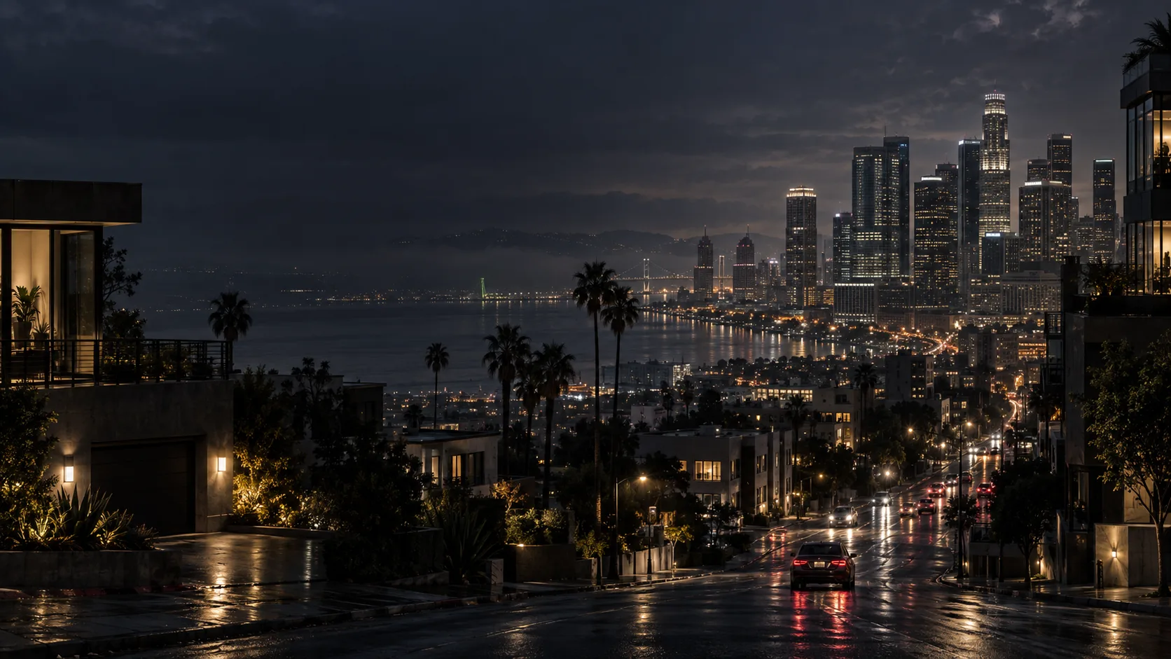 Atmospheric city artwork: wet streets and a skyline at night